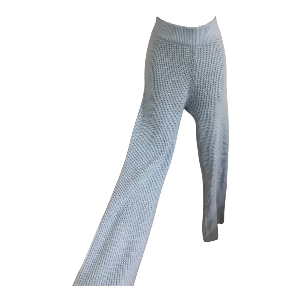 Blue crochet sweater knit style wide leg cozy loungewear pants size medium new‎